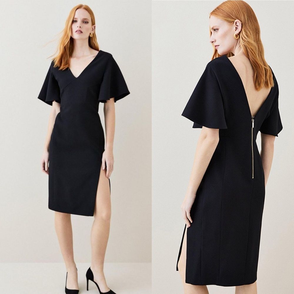 NWT Karen Millen Structured Crepe Flare Sleeve Pencil Midi Dress 8